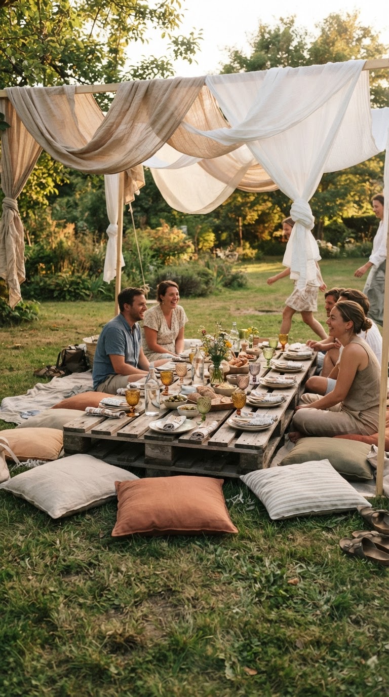 O banquete no estilo piquenique boêmio com futons e dossel de gaze