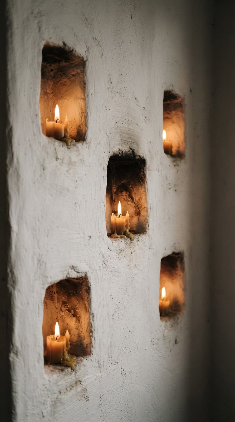 O backdrop escultural de gesso texturizado com nichos iluminados para velas