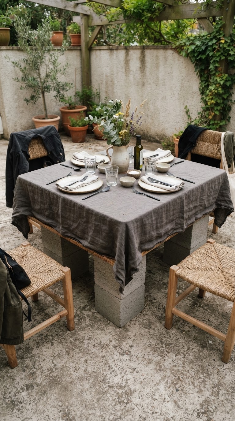 A mesa comunitária baixa estruturada com blocos de concreto celular e linho lavado
