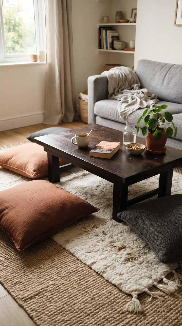2. A mesa de centro rebaixada estilo lounge com sobreposição de tapetes texturizados