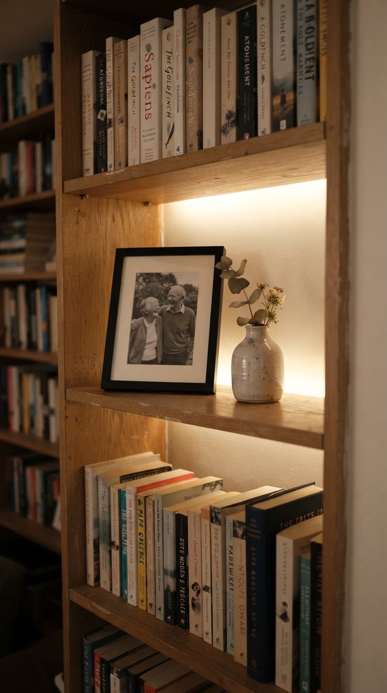 5. A galeria de memórias retroiluminada em nichos de estantes de livros