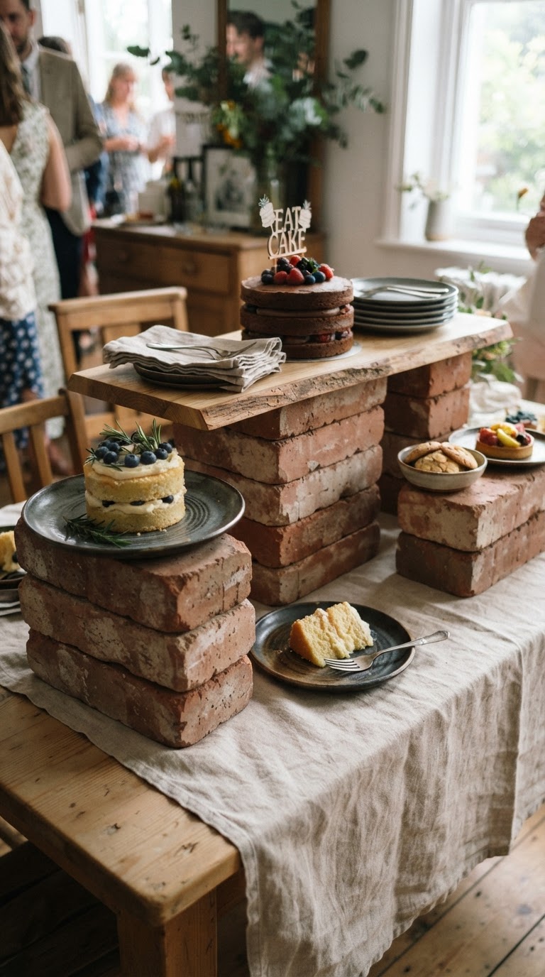 11. A mesa de doces brut-chic com plintos de tijolos de demolição limpos e alturas variadas
