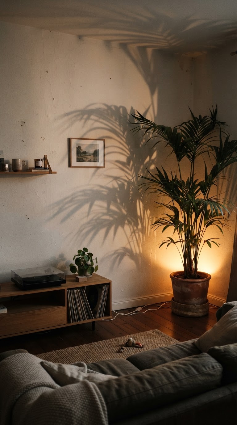 12. A parede de projeção dinâmica com silhuetas de folhagens e luz âmbar