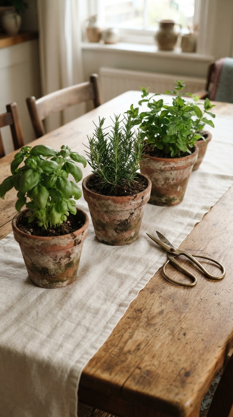 13. O caminho de mesa vivo composto por vasos de ervas frescas aromáticas para colheita dos convidados
