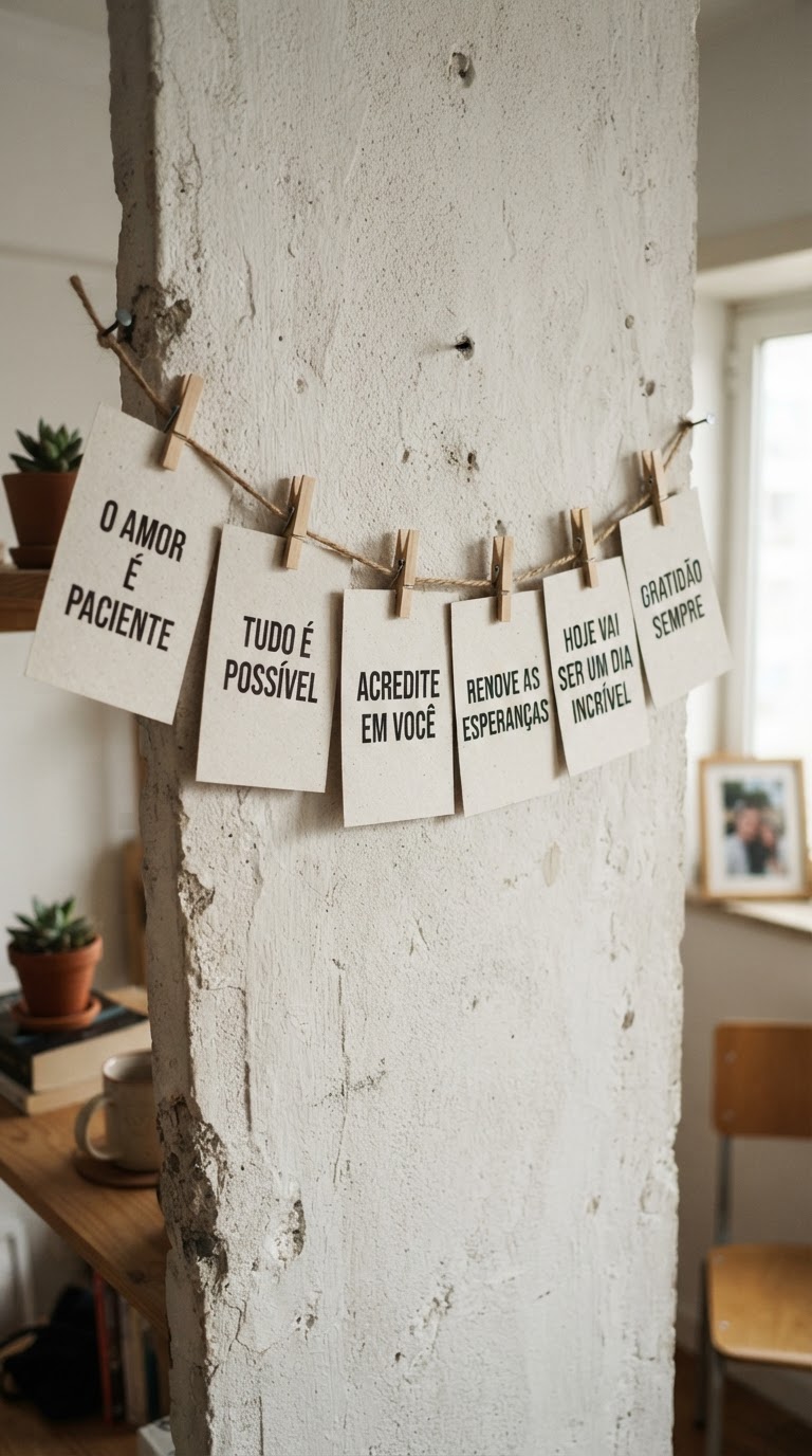 Varal de lambe-lambe com tipografia minimalista e frases marcantes
