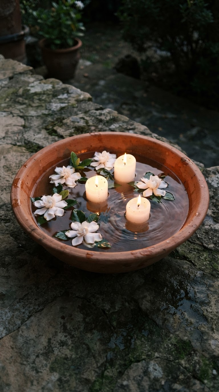 Bacia de barro com água, flores flutuantes e velas cilíndricas