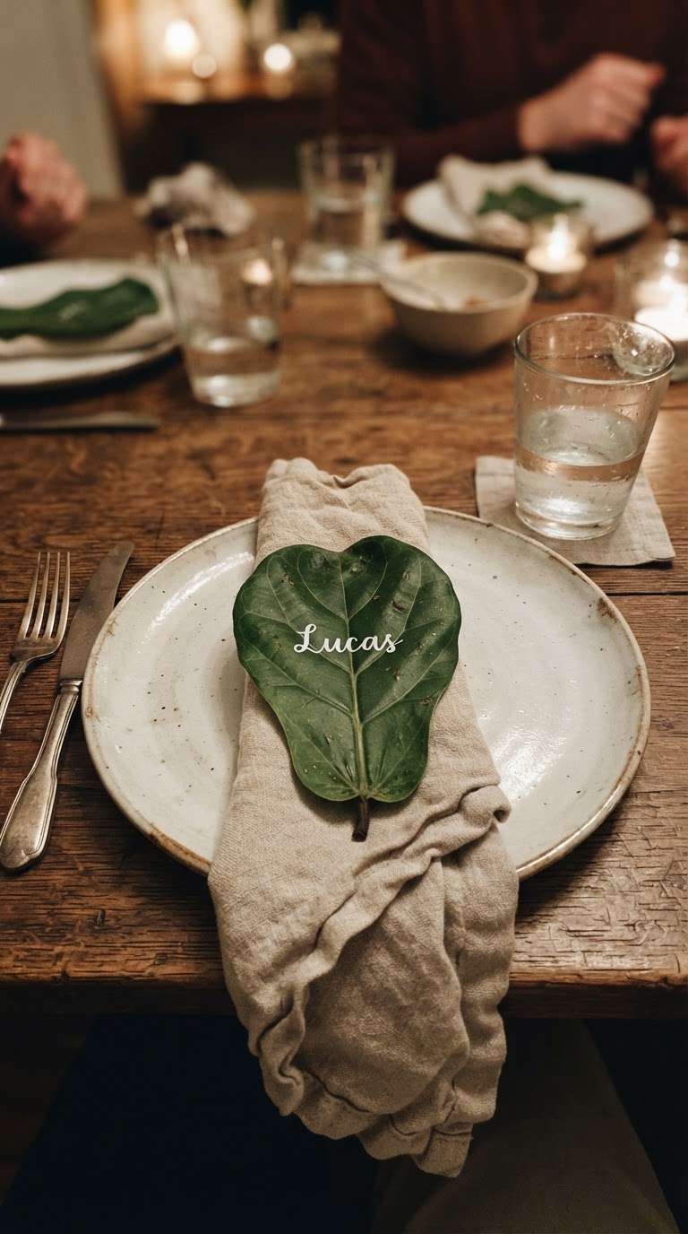 Marcadores de lugar em folhas de ficus-lira com caligrafia em giz