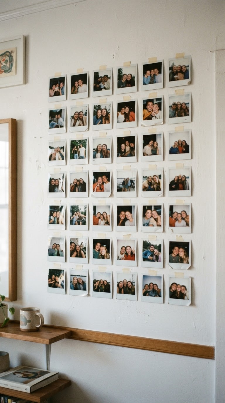Mosaico de fotos Polaroid em formato de grade geométrica na parede principal