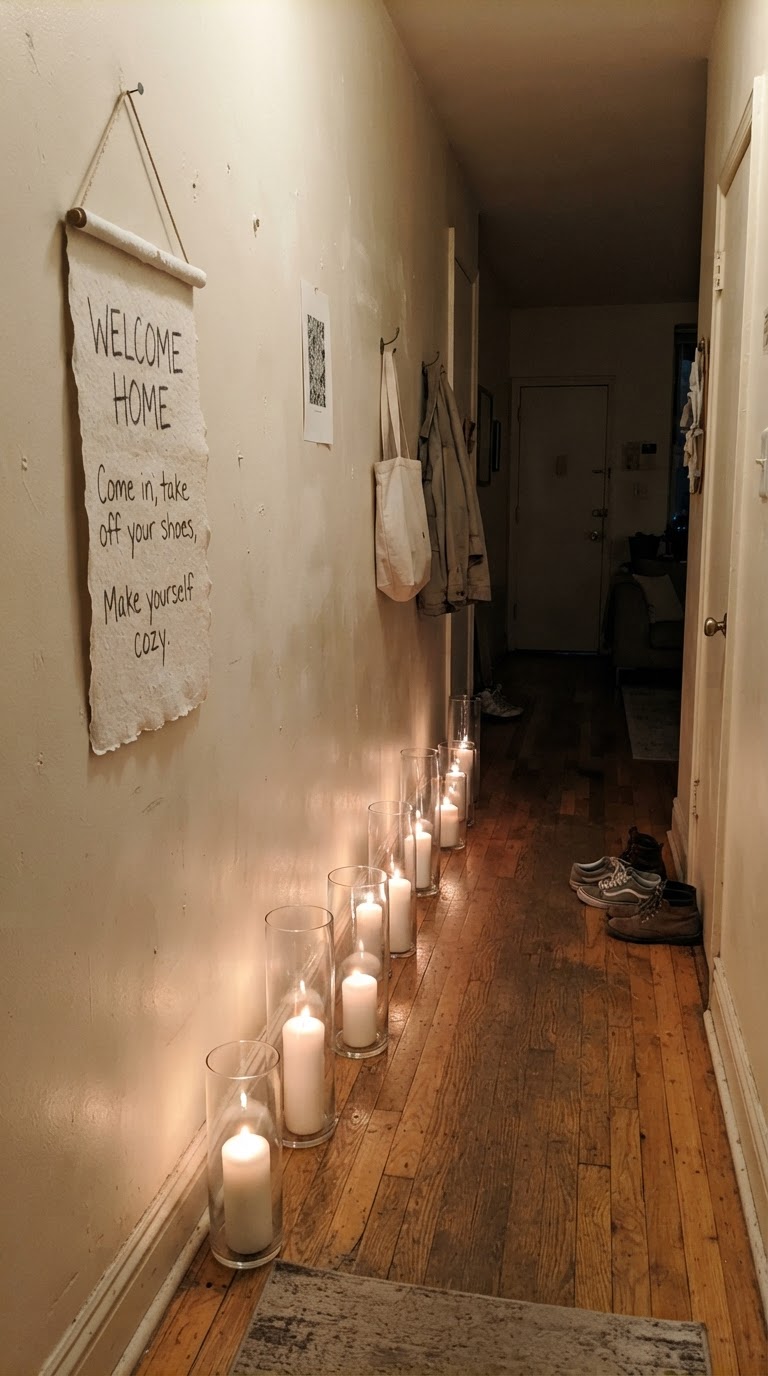 A entrada de transição sensorial com velas de chão e pergaminho de boas-vindas