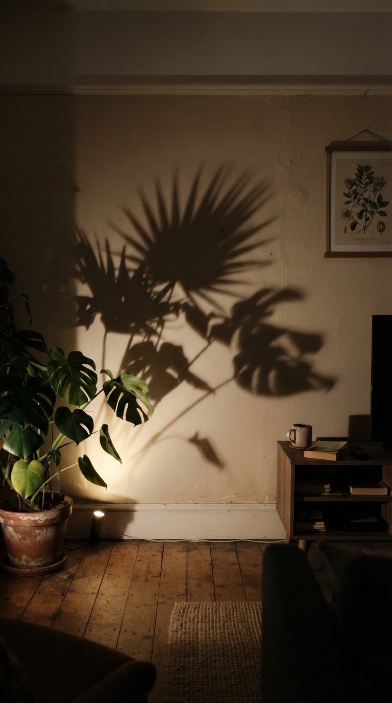 A galeria de luz e sombra com projeção vegetal minimalista nas paredes
