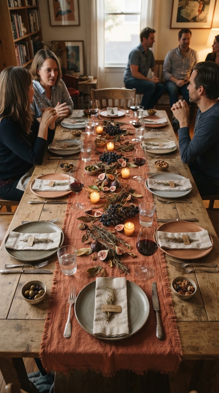 A mesa de jantar de tom terroso com cerâmica rústica e caminhos de mesa rasgados