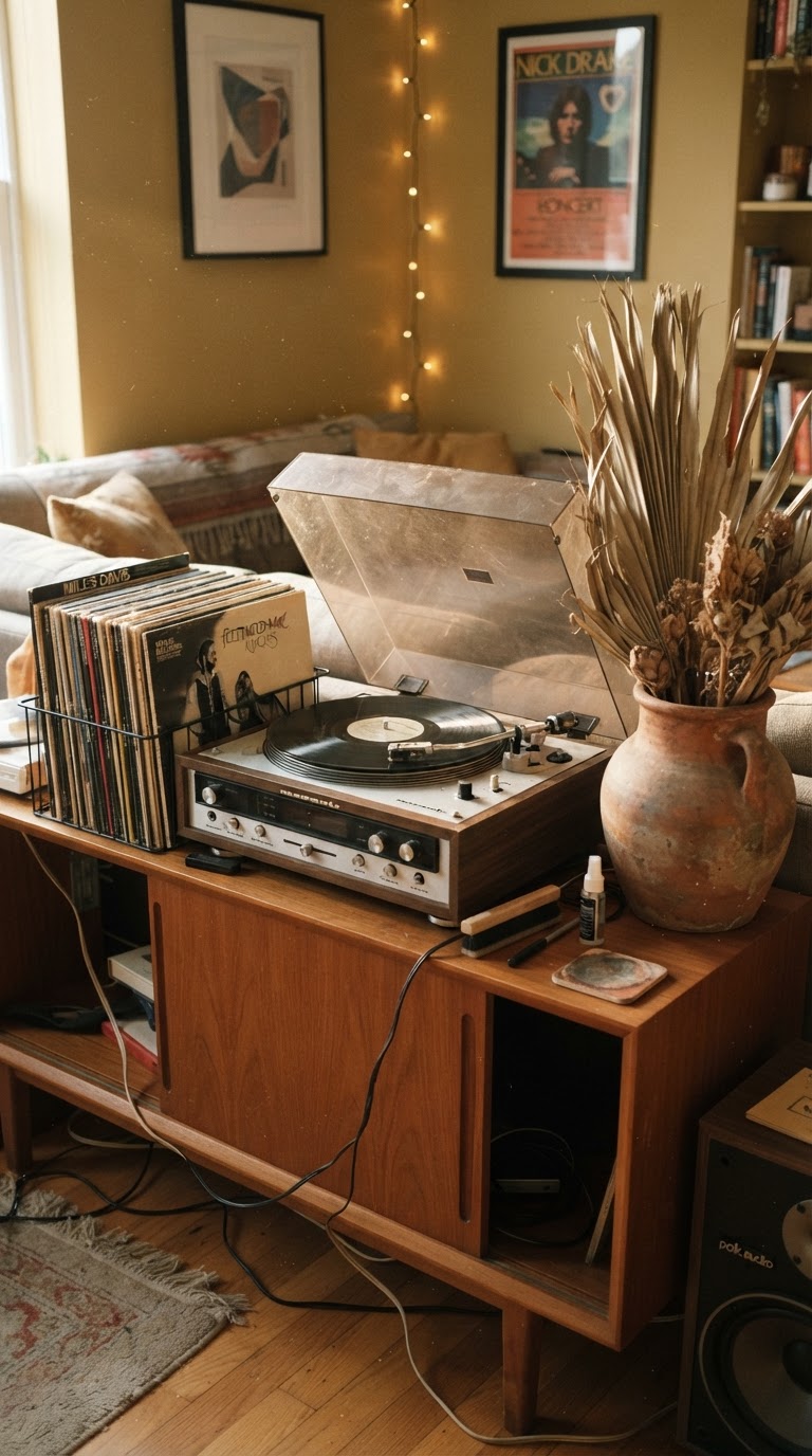 O ponto de escuta analógica com acervo de discos selecionados e folhagens secas