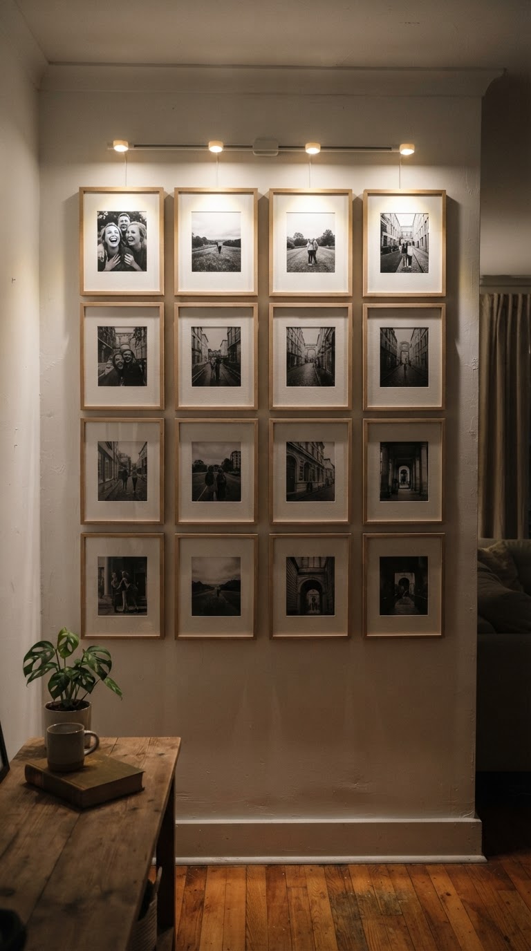 A parede de retratos de memória com iluminação focada por spots portáteis