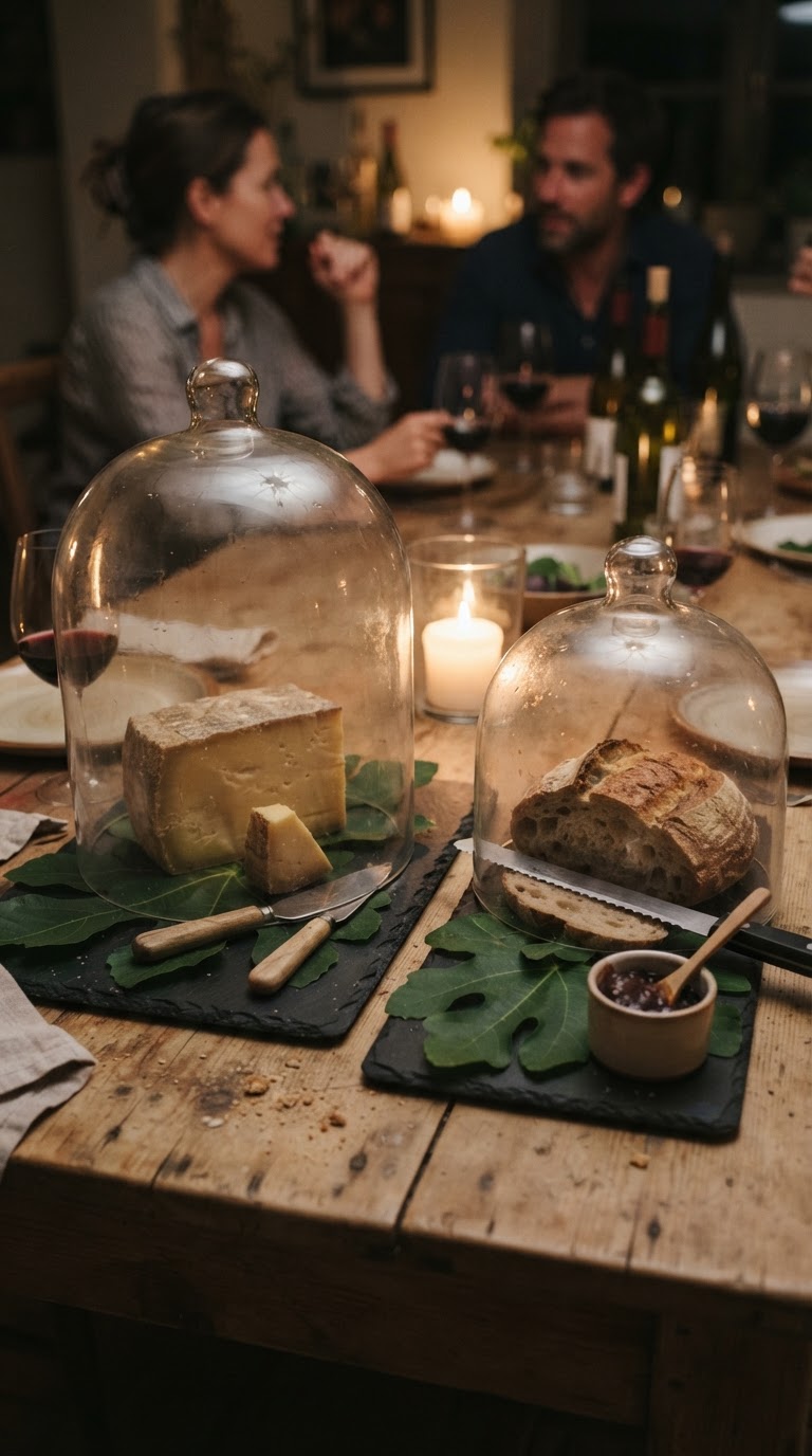 A mesa expositora de queijos e antepastos sob domos de vidro curados