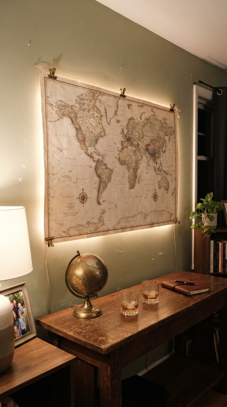 O hangar cartográfico com mapas antigos retroiluminados e globos de latão
