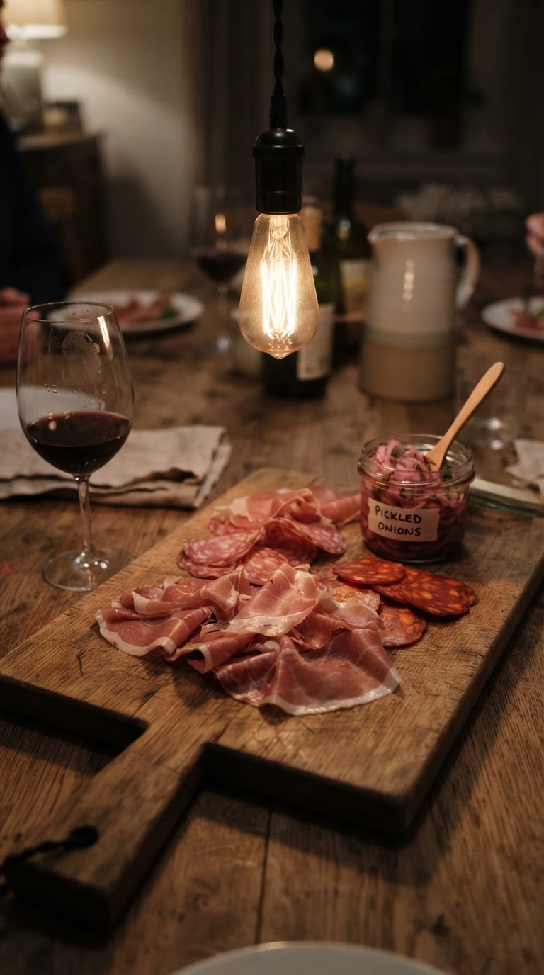 A mesa de cura e fermentação com tábuas de carvalho e luz âmbar de filamento