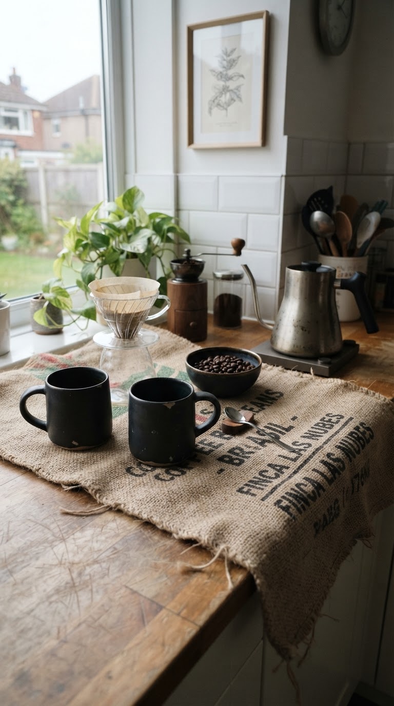 O espresso bar urbano com azulejos de metrô pretos e sacos de juta de café