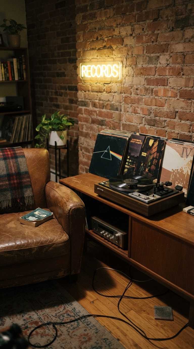 A cabine de audição analógica com capas de discos emolduradas e iluminação néon suave