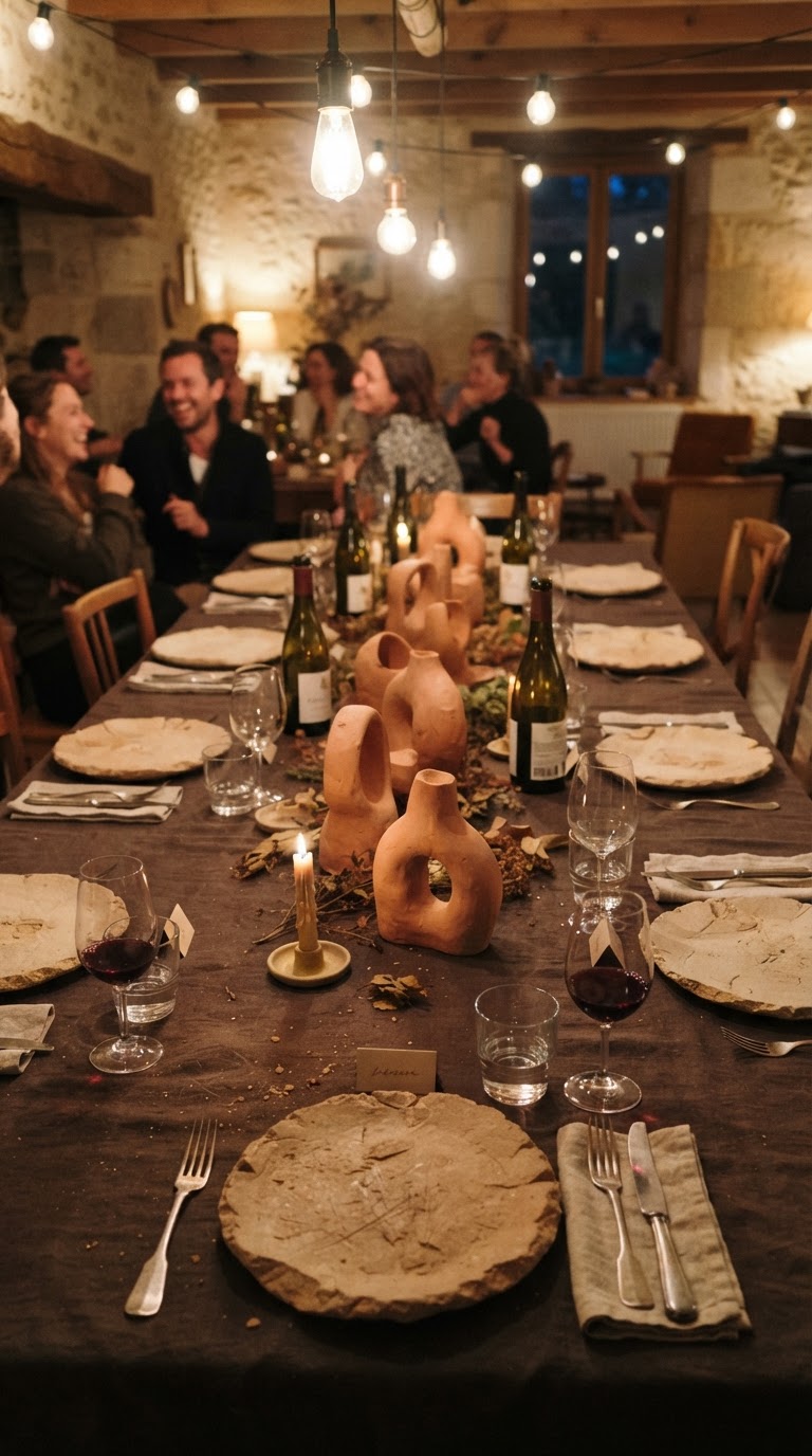 5. A mesa de banquete com esculturas de terracota crua e pratos de arenito