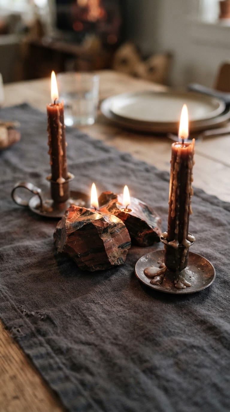 10. Os arranjos de mesa com rochas de obsidiana mogno e velas de cera de abelha escura