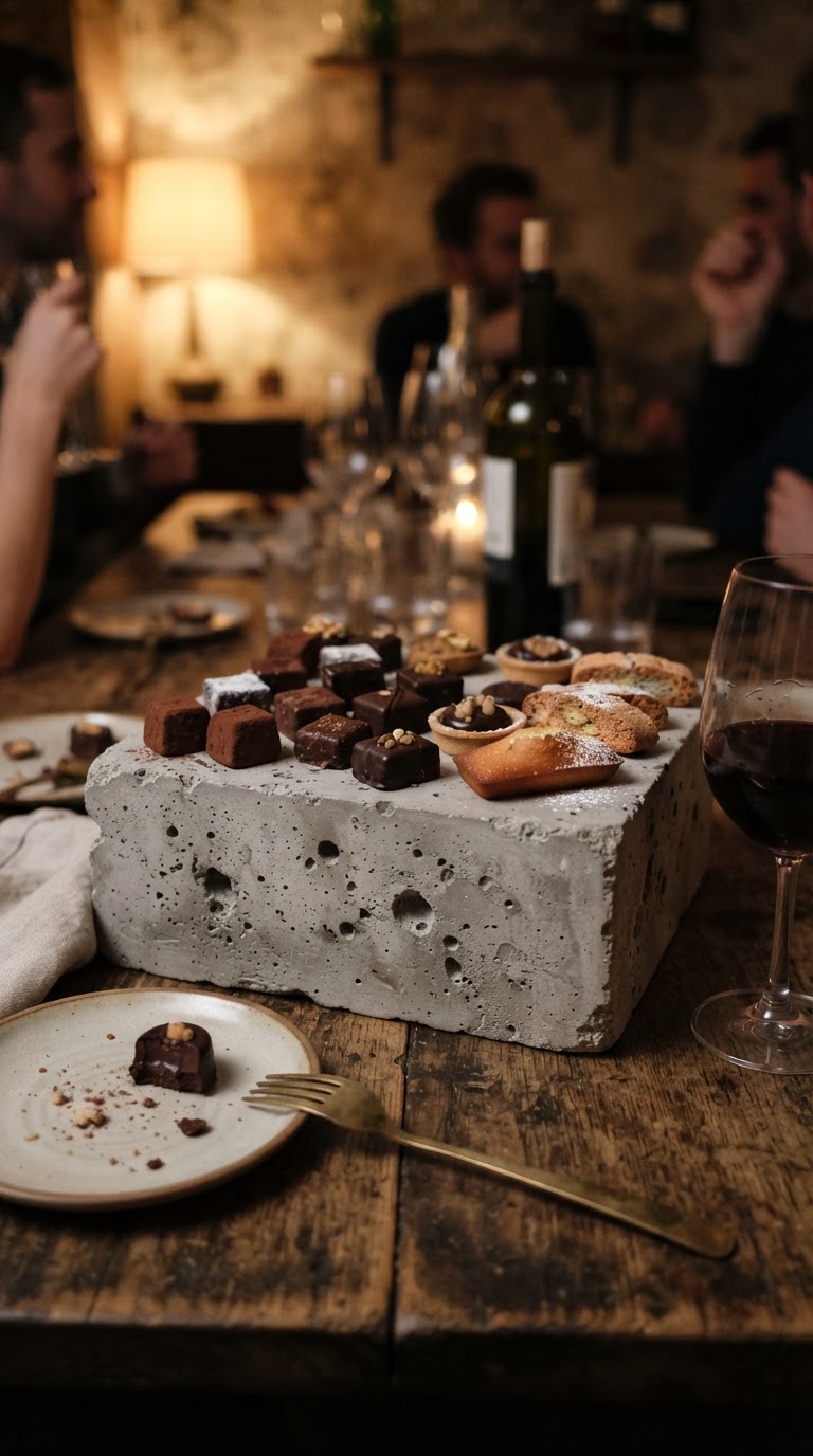 A Mesa de Doces com Esculturas de Isopor Texturizadas de Cimento Queimado