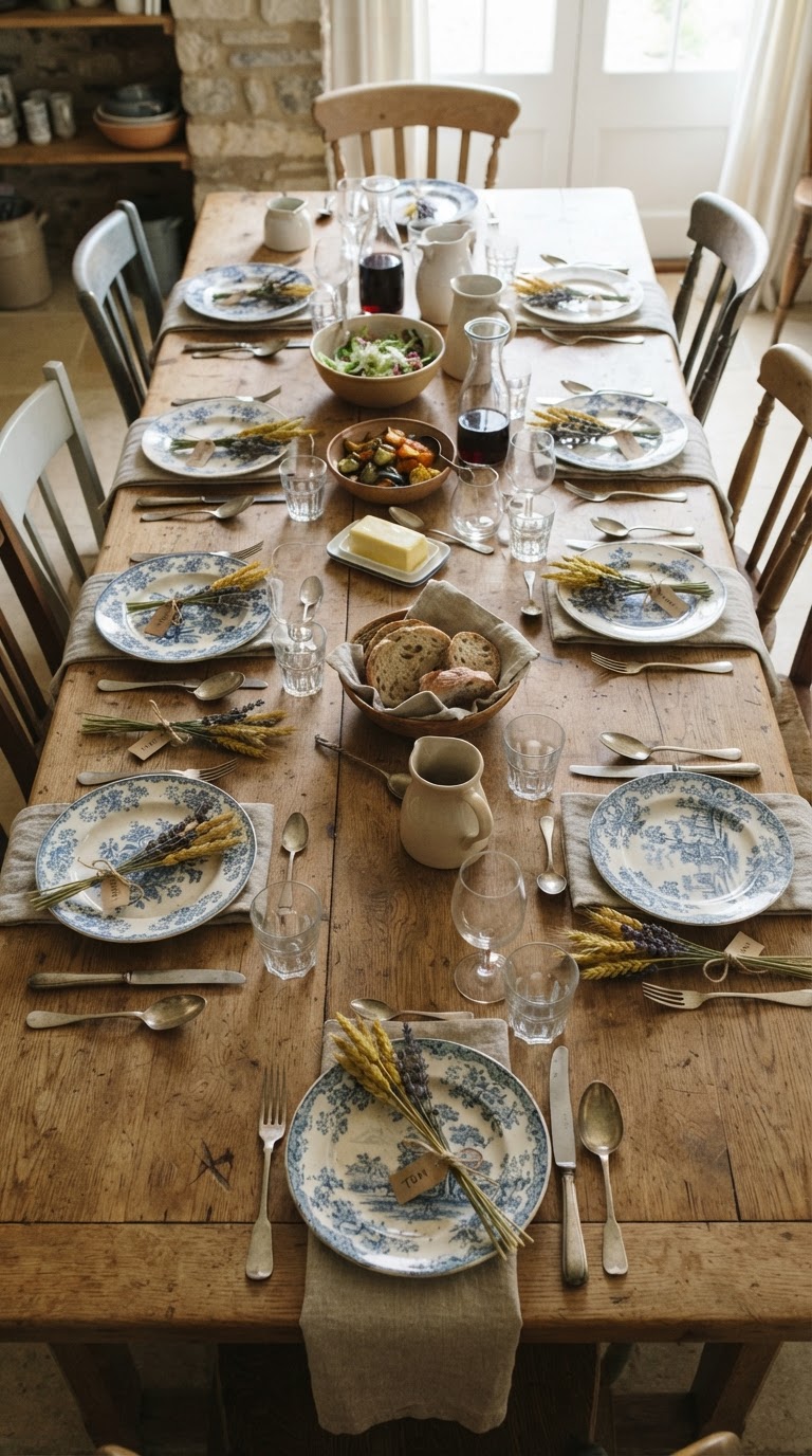 A Mesa de Convidados com Louça de Família e Arranjos de Trigo e Lavanda Seca