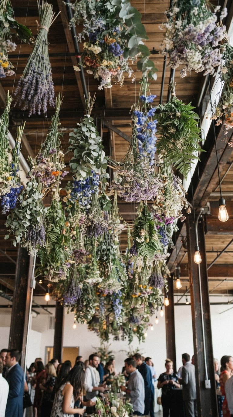 O dossel aéreo de flores silvestres invertidas fixadas com fios invisíveis