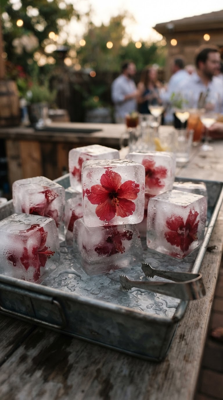 A estação de espumantes com blocos de gelo translúcidos contendo botões de hibisco