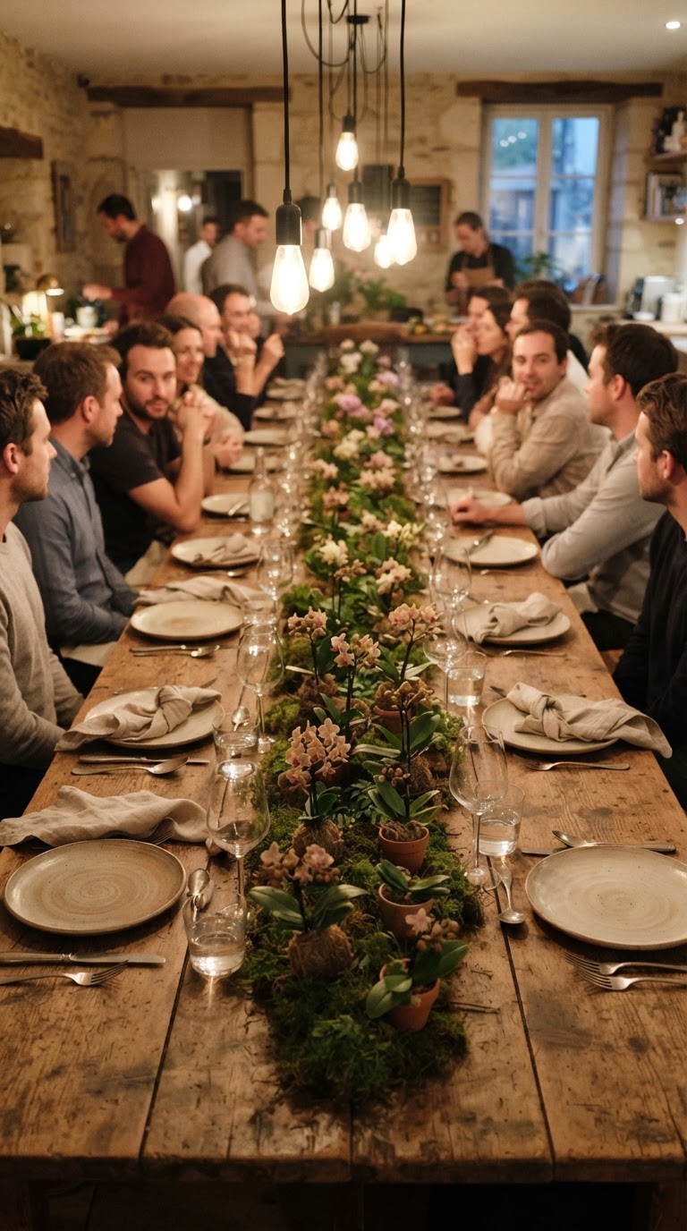 A mesa de banquete decorada com caminhos de musgo vivo e orquídeas enraizadas