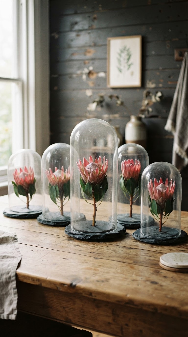 A galeria de cúpulas de vidro científico protegendo arranjos minimalistas de proteas