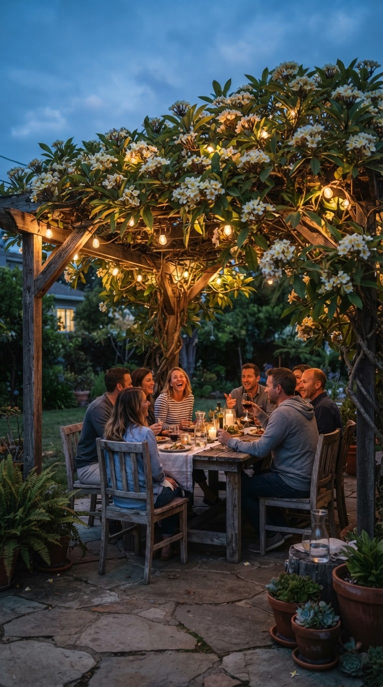 O pergolado de luzes decorado com trepadeiras aromáticas de jasmim-manga
