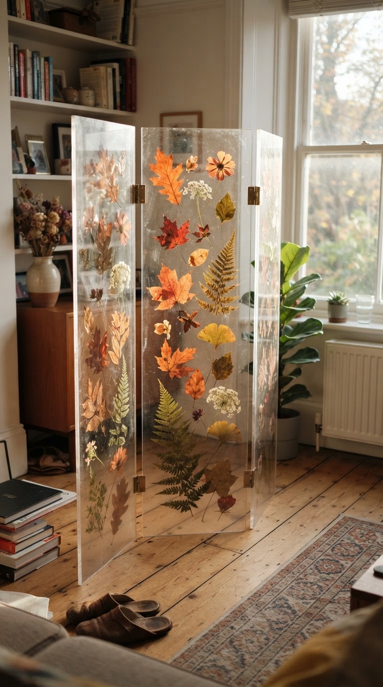 O biombo moderno de placas de acrílico duplo com flores e folhas prensadas