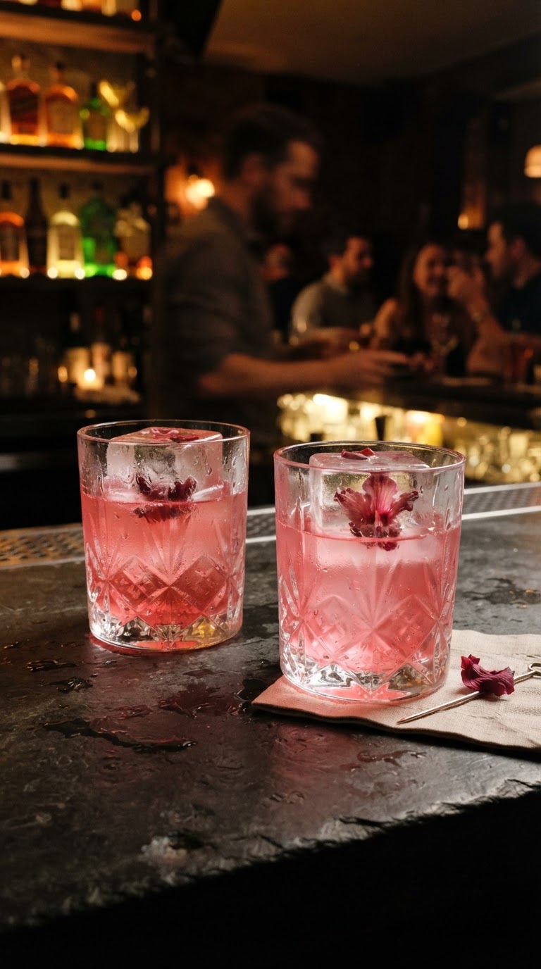 O bar de drinques artesanais com infusões de hibisco e gelos florais translúcidos