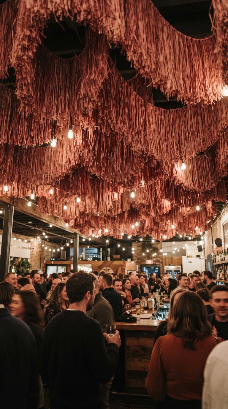 O teto texturizado com franjas suspensas de ráfia tingida em rosa-queimado