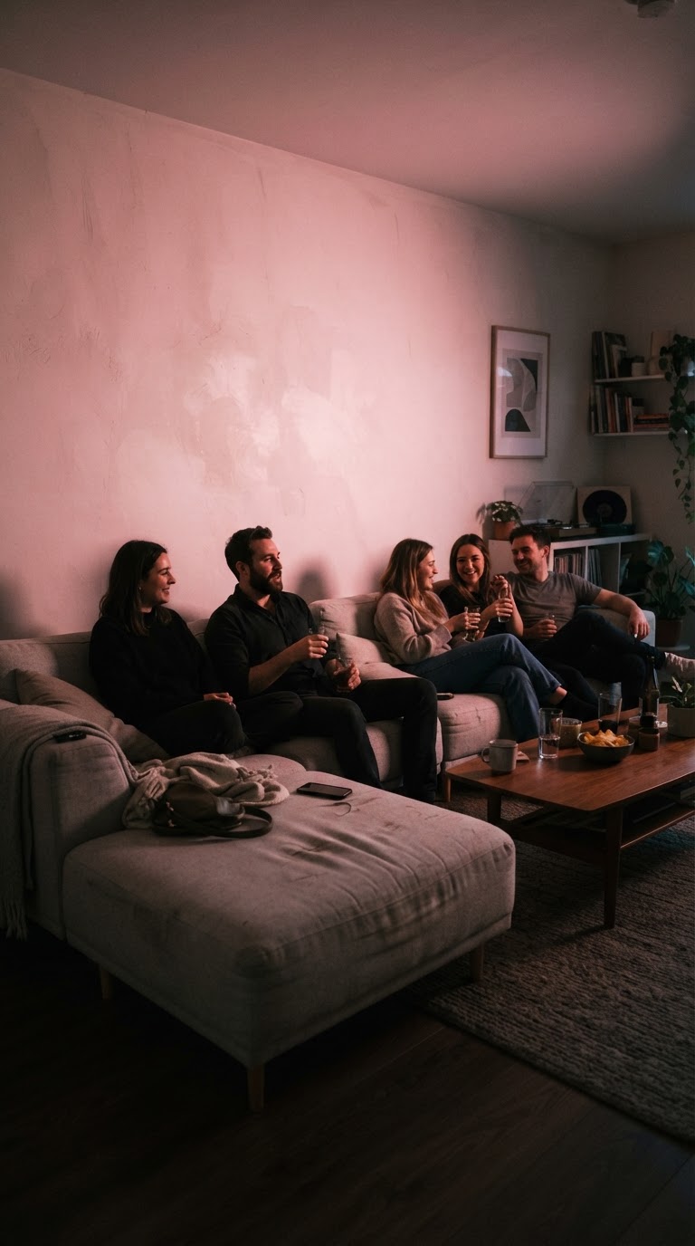 O lounge modular neutro transformado por projeção de luz quartzo rosa
