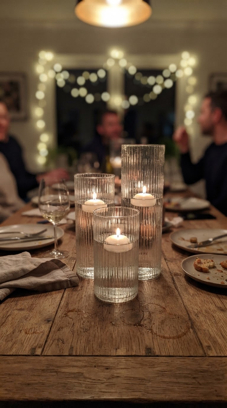 O trio de cilindros de vidro canelado com velas de LED flutuantes em água aromatizada