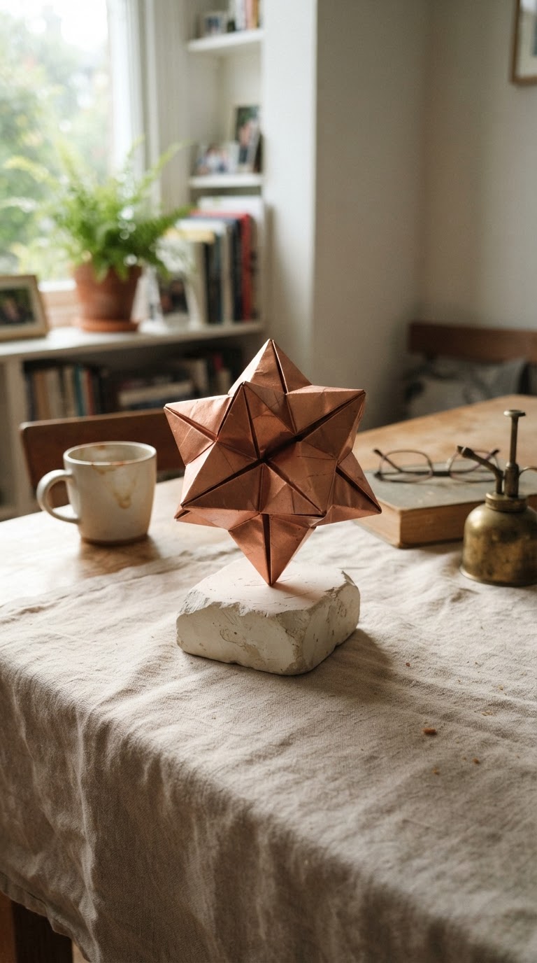A escultura de origami em papel metalizado com base de pedra de gesso