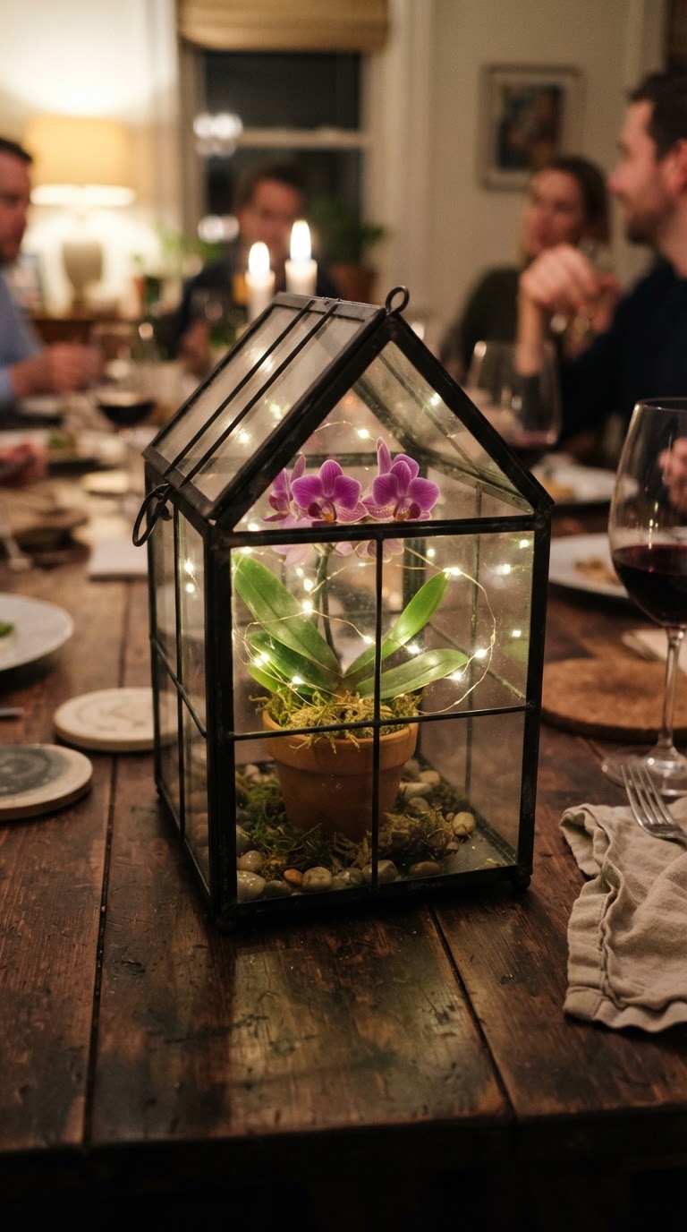 A mini-estufa de ferro fundido com mini orquídeas e luzes de fada quentes