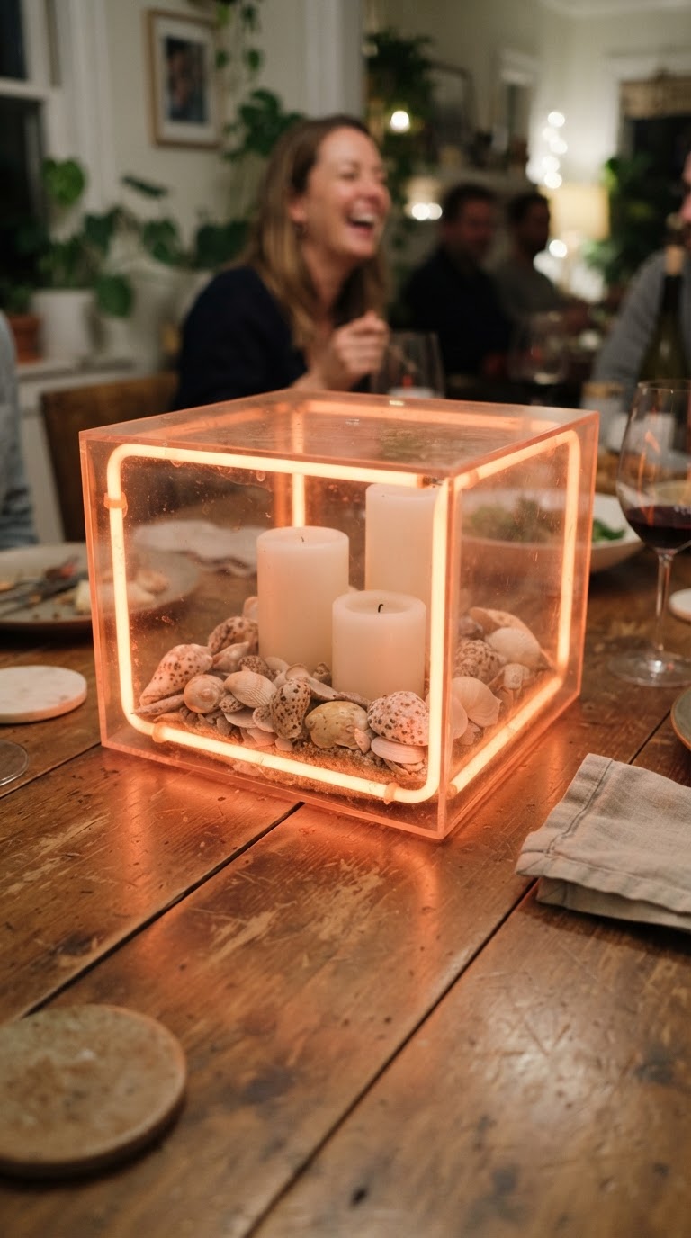 A caixa de acrílico neon transparente preenchida com conchas do mar e velas cilíndricas