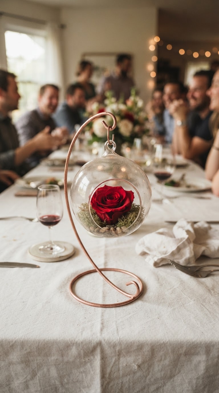 O pedestal de metal rose gold com esfera de vidro suspensa contendo uma rosa eterna