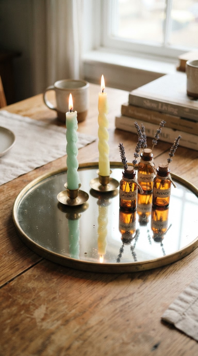 A base espelhada circular com velas cônicas coloridas torcidas e mini vasos de vidro âmbar