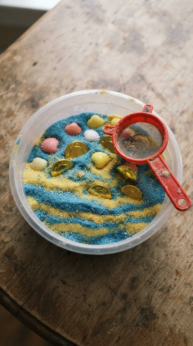 O pote de caça ao tesouro sensorial na areia colorida