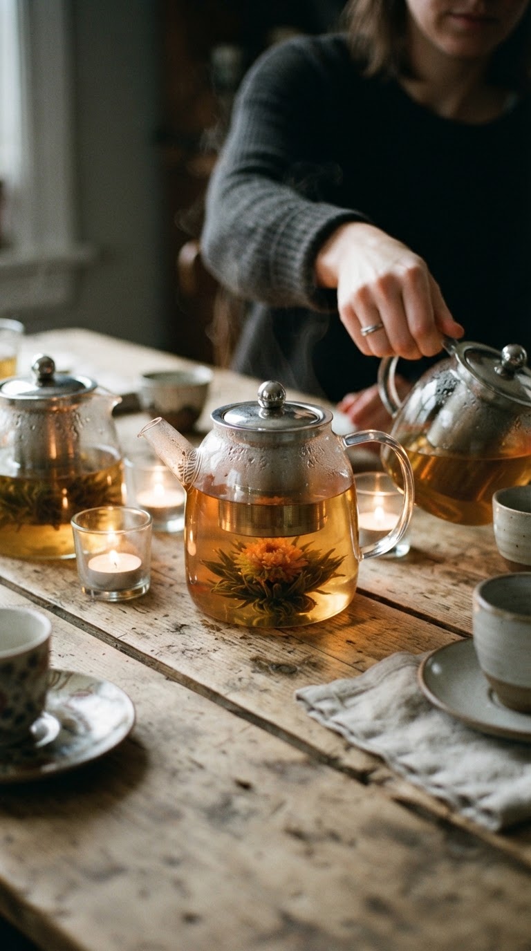 O arranjo linear de infusores de vidro com ervas frescas e bulbos de chá que desabrocham na água quente