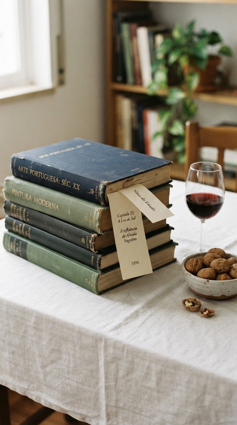 A pilha arquitetônica de livros vintage de arte com marcadores contendo perguntas literárias para os convidados