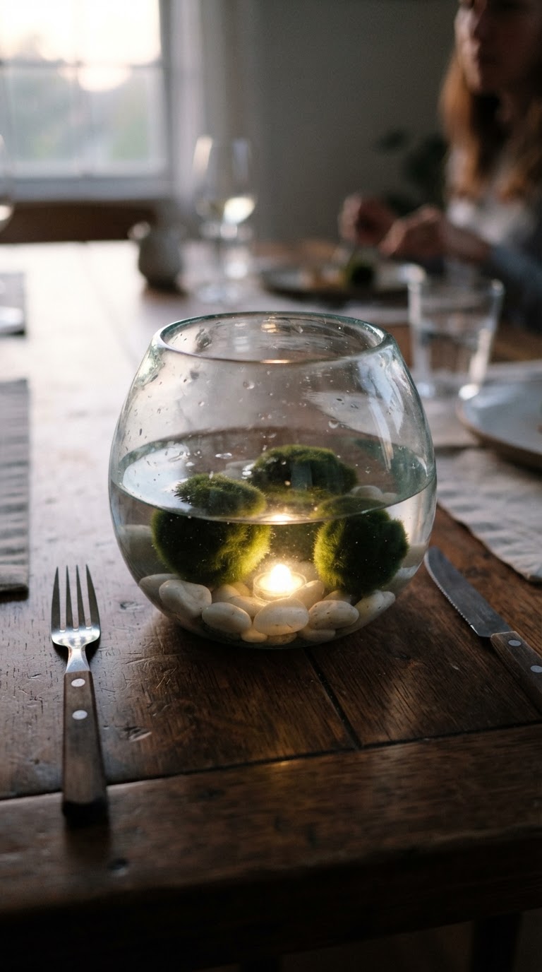 O aquário minimalista de vidro soprado com algas Marimo flutuantes e iluminação subaquática suave