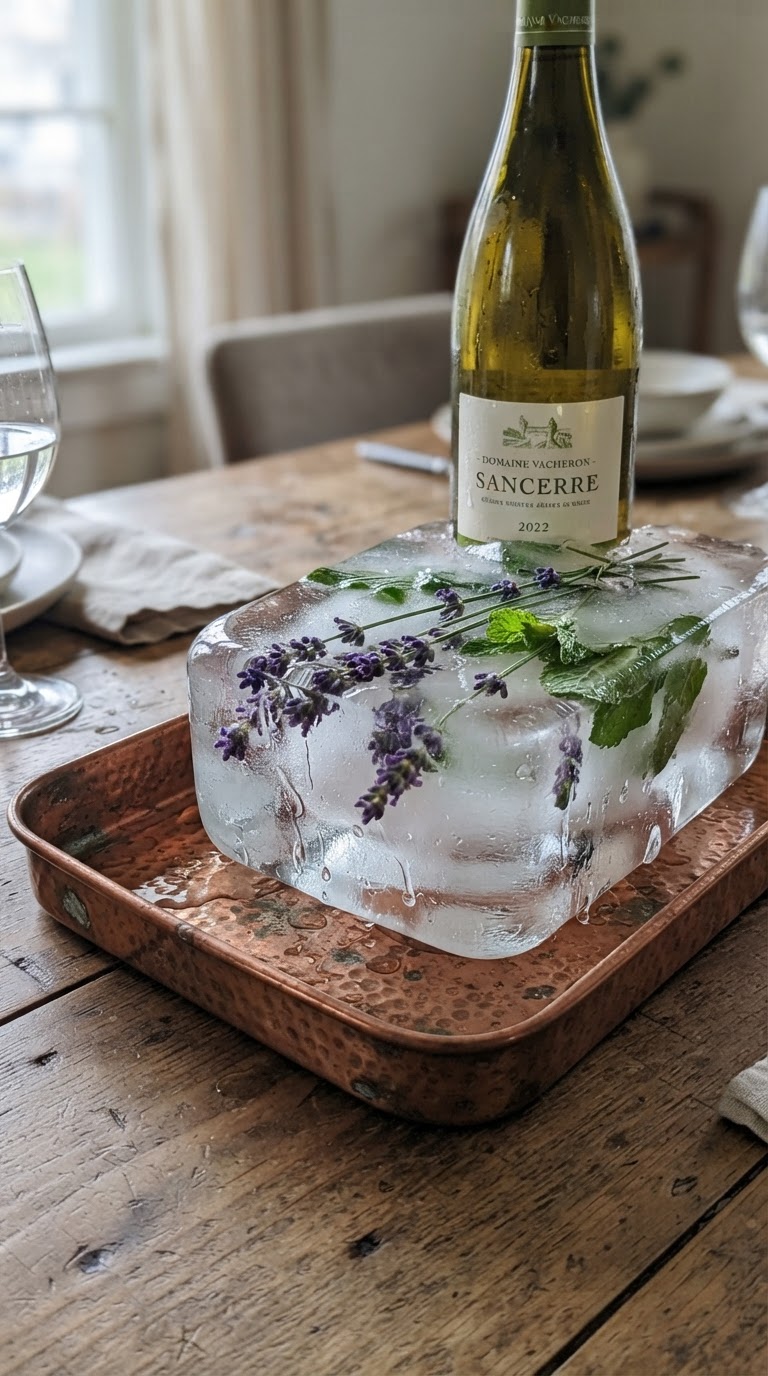 O bloco monolítico de gelo cristalino com ramos de lavanda congelados funcionando como resfriador central