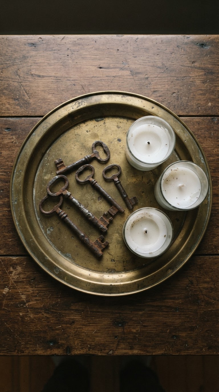 O prato de latão vintage com chaves antigas colecionadas e velas votivas de cera de soja