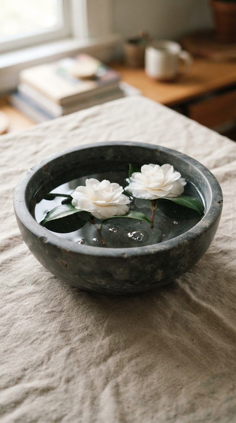A base de pedra sabão polida com flores de camélia flutuantes em água mineral