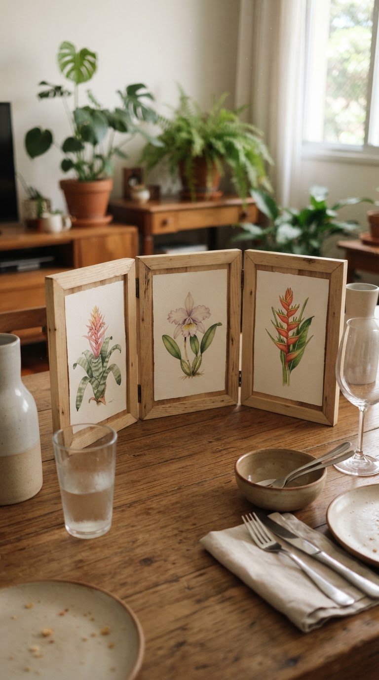 O biombo em miniatura de madeira clara com ilustrações botânicas em aquarela