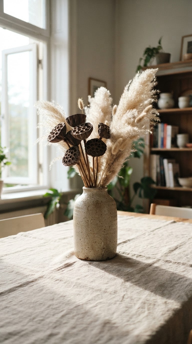 O vaso de grés texturizado com sementes de lótus desidratadas e hastes de capim-dos-pampas